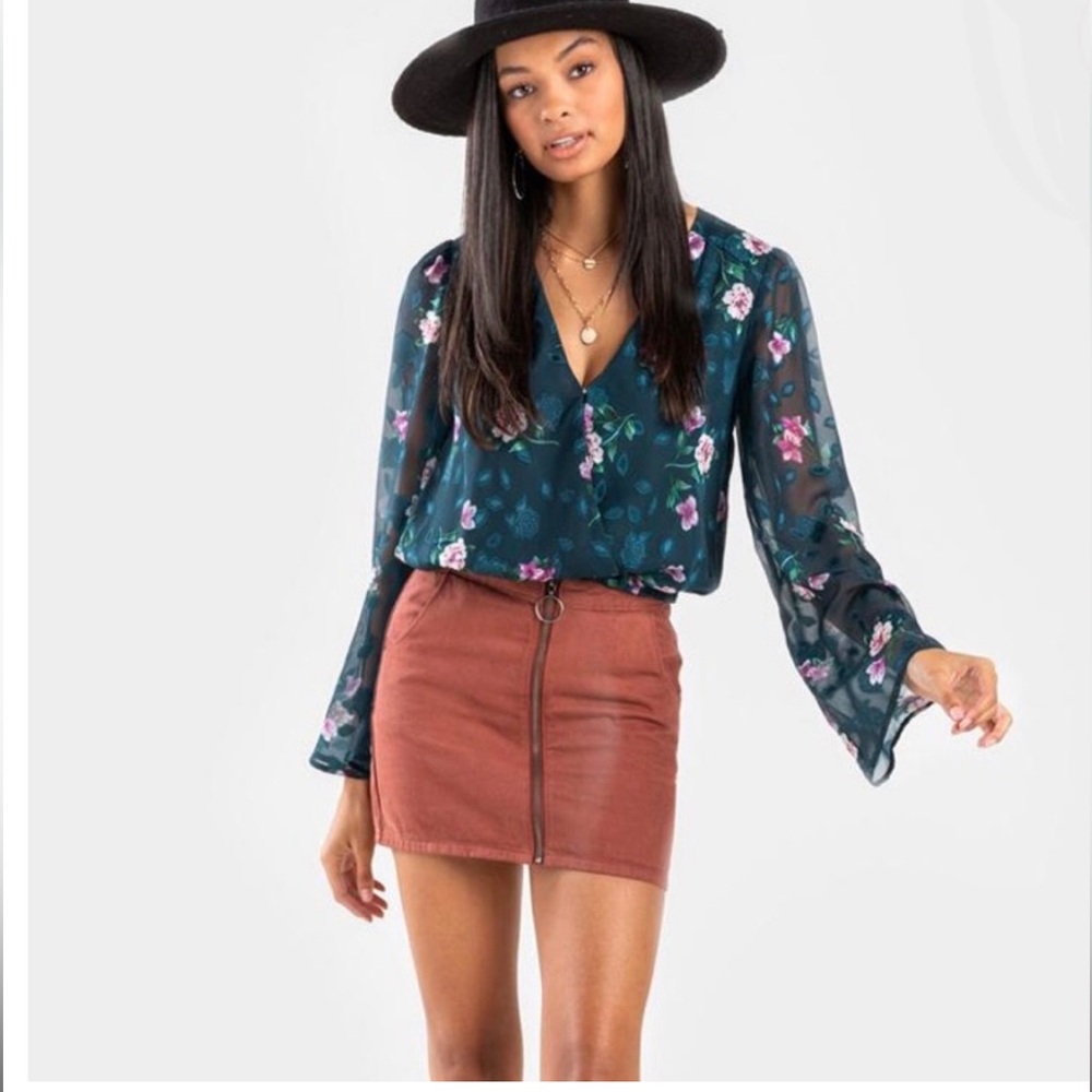 Serious Buyer Only! Fashion Nova Green and Pink Sheer Bell Sleeve V-Neck Blouse